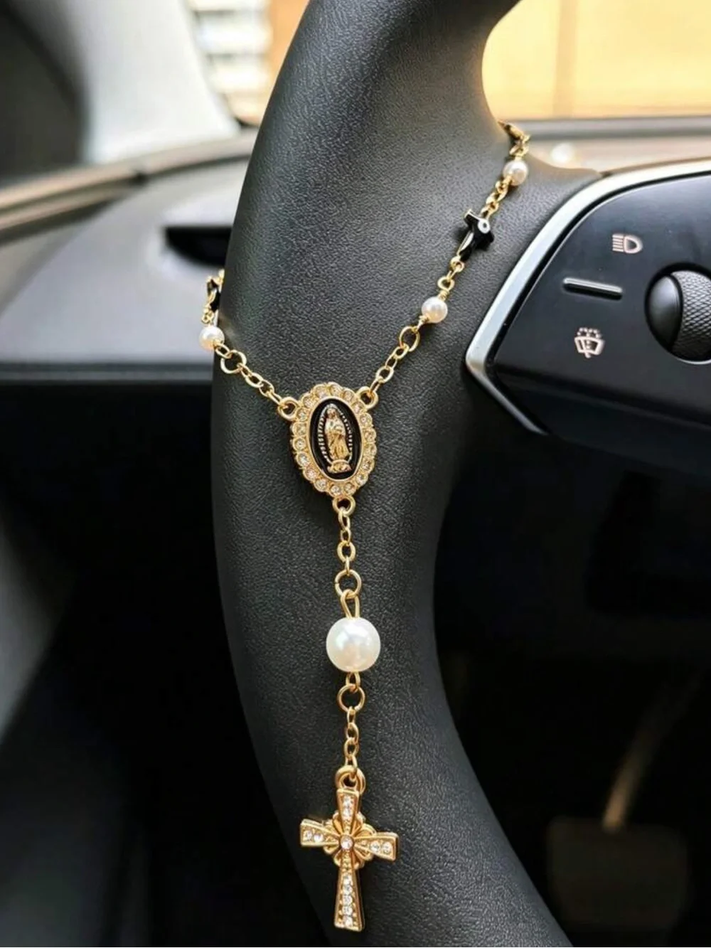 1pc Pink Pearl Cross Steering Wheel Rosary Ornament, Rosary Car Pendant Accessor